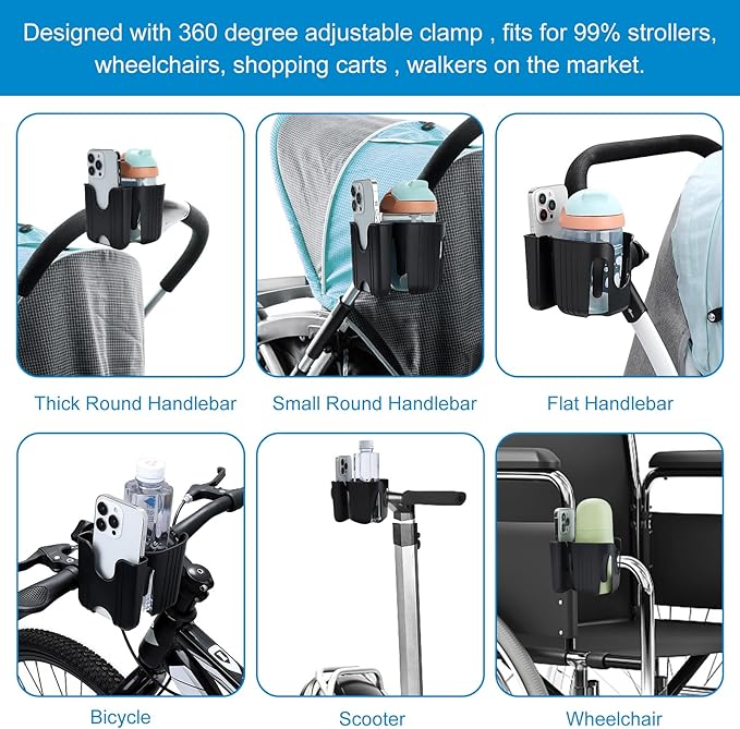 Accmor Stroller Cup Holder with Phone Holder, Bike Cup Holder, Universal Cup Holder for Uppababy Nuna Doona Strollers, 2-in-1 Cup Phone Holder for Stroller, Bike, Wheelchair, Walker, Scooter-BubblyBeeBaby