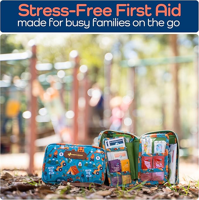 KeepGoing Travel First Aid Kit for Kids – 130 Pc. for Car, Home, Purse, Diaper Bag & Backpack with Latex-Free Bandages - Mini First Aid Kit Travel Size TSA-Approved-BubblyBeeBaby