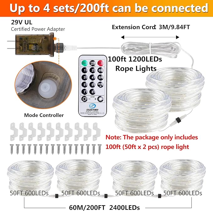 100ft 1200 LED Rope Lights Outdoor, Connectable Warm White Rope Lights Plug in, Outdoor String Lights Waterproof Decorative Lighting for Deck Patio Backyard Garden Pool Camping Room Indoor Décor-BubblyBeeBaby