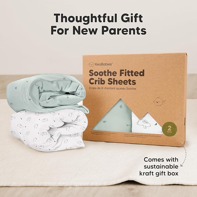 KeaBabies 2-Pack Organic Crib Sheets for Boys, Girls - 52x28 Fitted Crib Mattress Sheet Neutral, Breathable Jersey Cotton Cover for Baby Bed, Toddler Mattress, Soft & Cute Prints (Bunnies)-BubblyBeeBaby