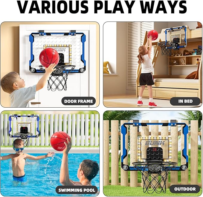 Indoor Basketball Hoop for Kids, Over The Door Mini Basketball Hoops, LED Light Mini Hoop with Scoreboard & 4 Balls, Kids Basketball Hoop Sport Toys Gifts for 5 6 7 8 9 10 11 12+Year Old Boys-BubblyBeeBaby
