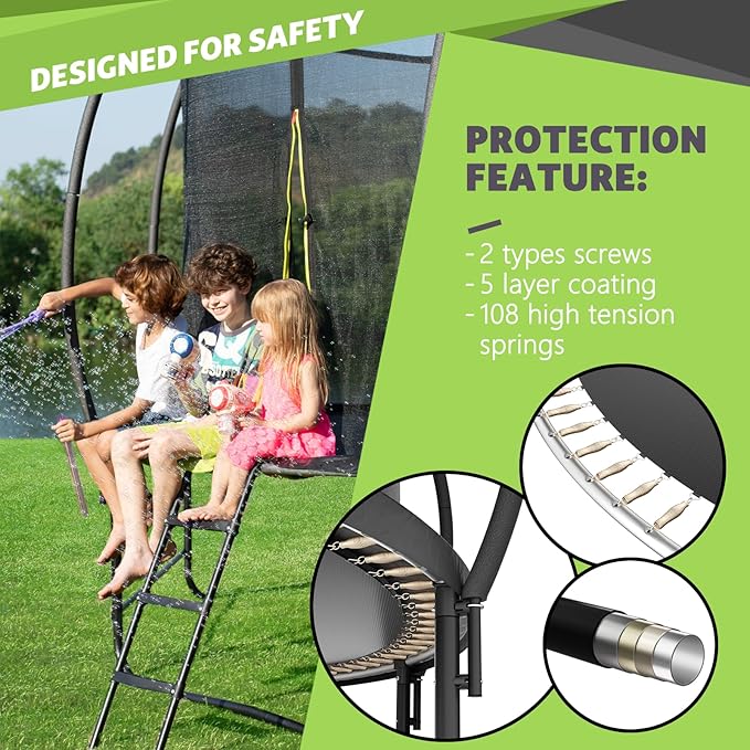 14FT 12FT 10FT 16FT Trampoline with Safety Enclosure, Anti-Rust Coating – ASTM Certified, Heavy-Duty Outdoor Trampoline with Ladder – for Kids & Adults-BubblyBeeBaby
