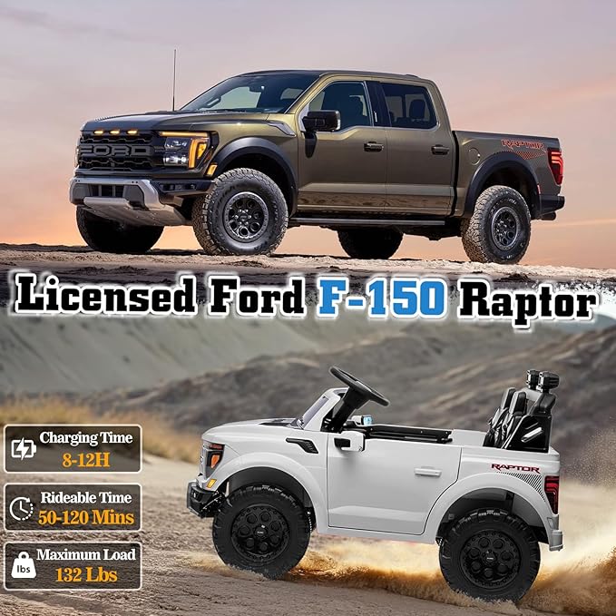24V Ride on Car Licensed Ford F-150 Raptor, Kids Electric Car with Remote Control, LED Light/Music/MP3, Truck Bed Storage, 3-Point Seat Belt (24V, White)-BubblyBeeBaby