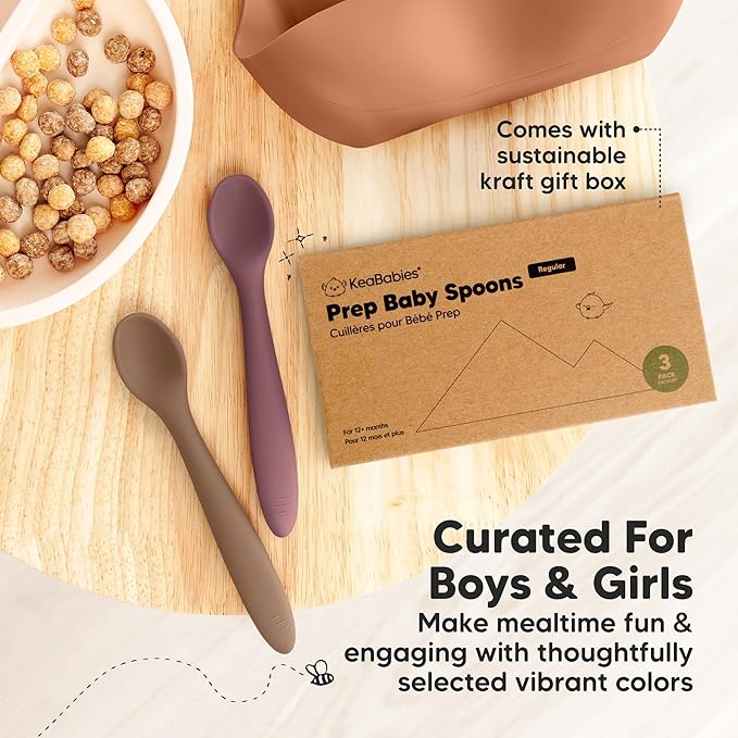 KeaBabies Silicone Baby Spoons, Self Feeding 6-12 months - 3-Pack Baby Weaning Eating Utensils, Toddler First Food Training Spoon, Infant, Kids Feeding Supplies Essential Set, Dishwasher-safe (Rocky)-BubblyBeeBaby