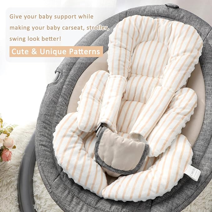 Infant Car Seat Insert, Car Seat Head Support Baby Girls Boys, Soft & Reversible Newborn Carseat Insert Cushion with 2 Strap Covers, for Stroller, Swing, Bouncer (Brown Line)-BubblyBeeBaby