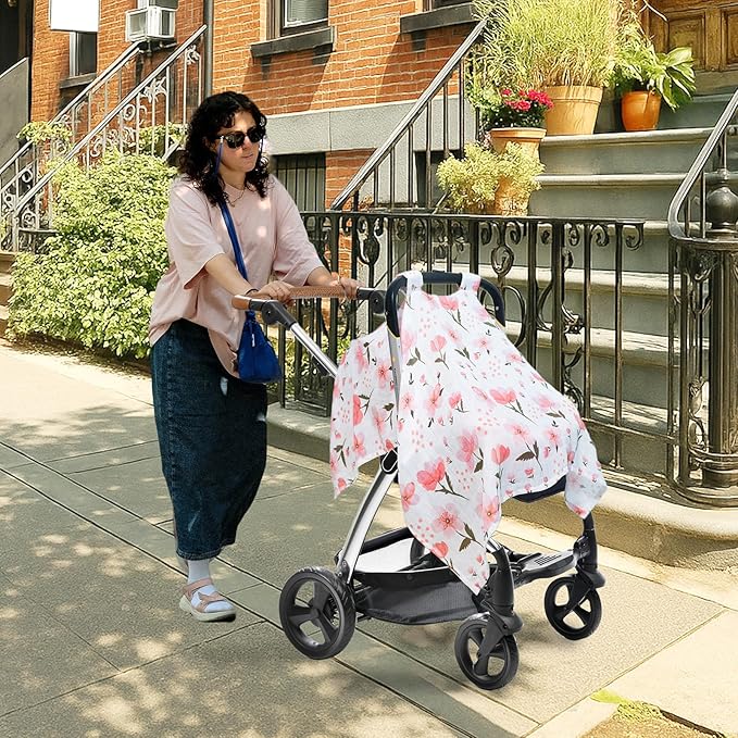 80S Muslin Car Seat Cover for Babies - Soft & Breathable Infant Carrier Canopy, Lightweight Sunshade for Summer, Universal Fit for Baby Boys & Girls-BubblyBeeBaby