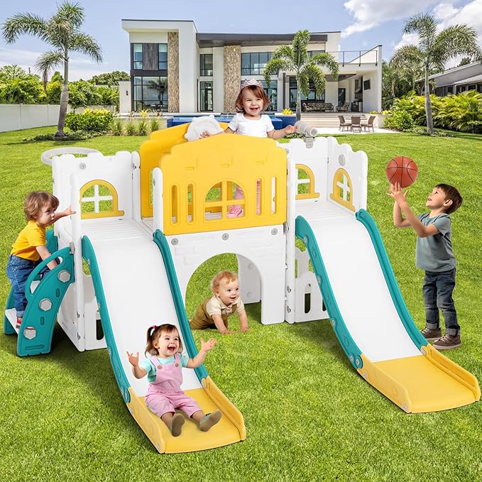 JOYLDIAS 9 in 1 Toddler Slide, Toddler Playground with Double Slides, Climber,Basketball Hoop,Tunnel, Telescope, Storage Space and Non-Slip Step, Indoor Outdoor Backyard Playset for Toddlers Age 1-3+-BubblyBeeBaby