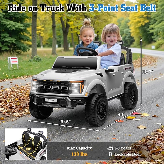 24V Ride on Car Licensed Ford F-150 Raptor, Kids Electric Car with Remote Control, LED Light/Music/MP3, Truck Bed Storage, 3-Point Seat Belt (24V, White)-BubblyBeeBaby