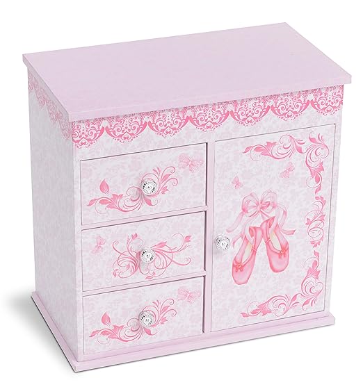 Jewelkeeper - Ballerina Jewelry Box for Girls with 3 Pullout Drawers - Ballerina Music Box with Swan Lake Tune - Ballet Slipper Design - Jewelry Storage Organizer for Necklaces and Bracelets-BubblyBeeBaby