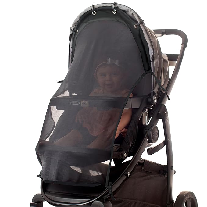 Stroller Sun Shade - Universal UV Protection Cover for Strollers Sunshade with See Through, Clip-On Sun Blocker, Sun Shield for Baby, Breathable Adjustable Fit, Full Coverage, L Black-BubblyBeeBaby