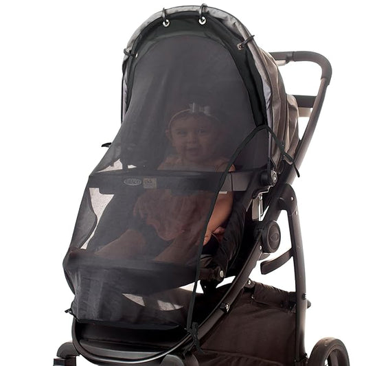 Stroller Sun Shade - Universal UV Protection Cover for Strollers Sunshade with See Through, Clip-On Sun Blocker, Sun Shield for Baby, Breathable Adjustable Fit, Full Coverage, L Black-BubblyBeeBaby