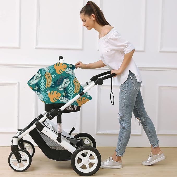 Carseat Cover Boy and Girls - Multi-use Nursing Car Seat Canopy Cover for Breastfeeding, Infant Stroller Cover, High Chair Cover (Green Leaves)-BubblyBeeBaby