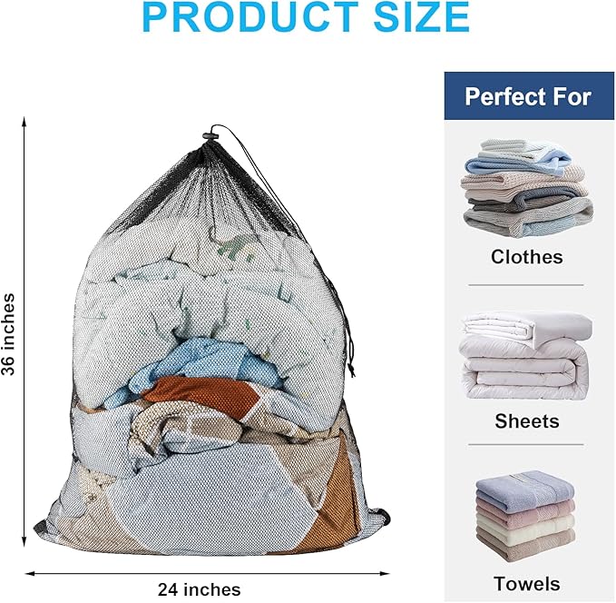 2 Pack Mesh Laundry Bags, Large Travel Laundry Washing Bags for Dirty Clothes Storage, 24" X 36" Washable Heavy Duty Laundry Net Bag With Drawstring for College Dorm, Hamper, Room, Laundromat (Black)-BubblyBeeBaby