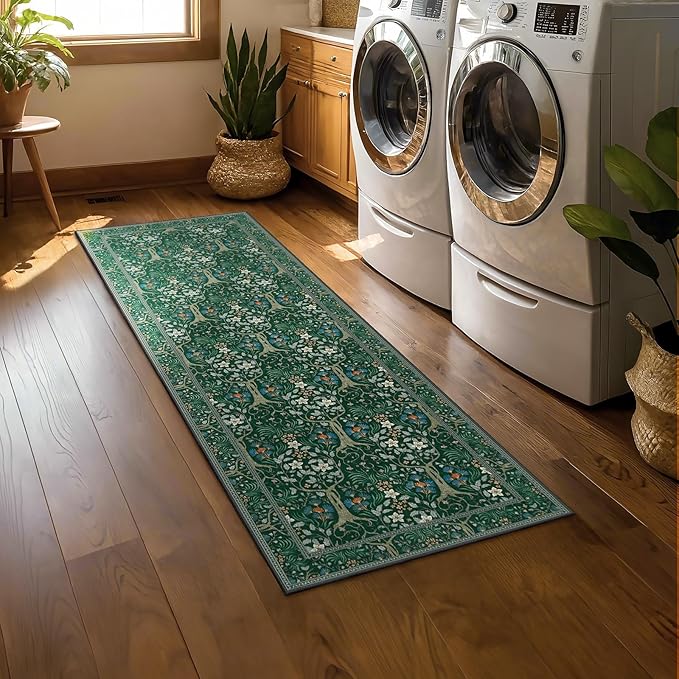 Joydeco Washable Runner Rug Non Slip, Floral Kitchen Carpet Runner 2x6, Soft Low-Pile Botanical Forest Indoor Floor Door Mat for Hallway Bathroom Entryway Laundry Room, Dark Green-BubblyBeeBaby
