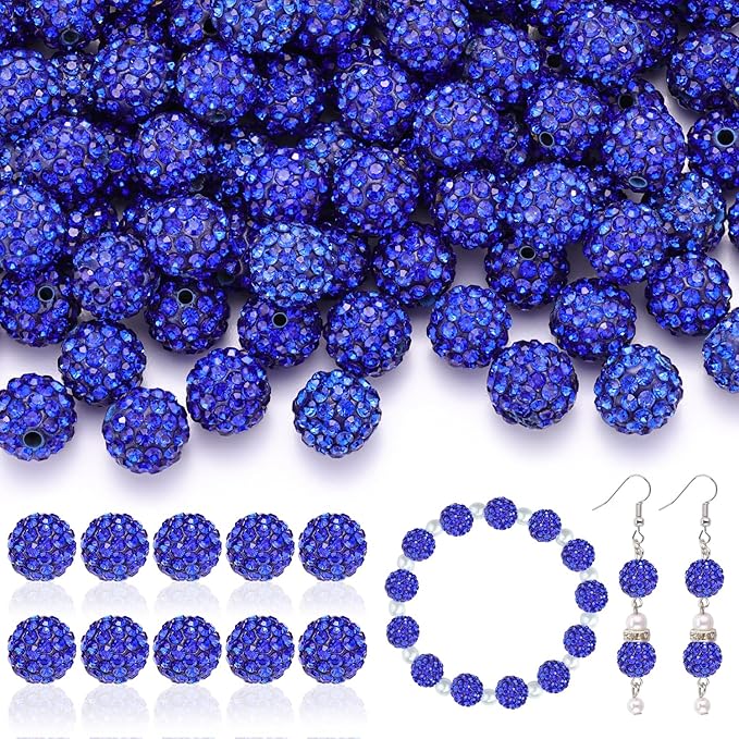 105pcs 10mm Rhinestone Beads for Jewelry Making, Dark Blue Shiny Round Disco Ball Beads Bulk, Sparkle Crystal Clay Christmas for Bracelet Baseball Necklace Earring Crafting and DIY-BubblyBeeBaby