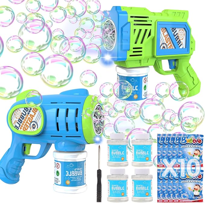 2 Pack Bubble Gun Machine for Kids, Automatic Light Up Bubble Blower with 4 Bottles 10 Bags Refill Solution Bubble Guns Blaster for Toddlers, Outdoor Toys Gifts Wedding Easter Party Favor-BubblyBeeBaby