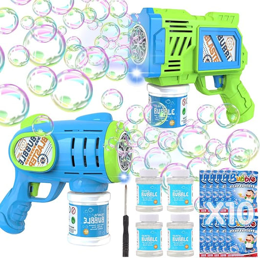 2 Pack Bubble Gun Machine for Kids, Automatic Light Up Bubble Blower with 4 Bottles 10 Bags Refill Solution Bubble Guns Blaster for Toddlers, Outdoor Toys Gifts Wedding Easter Party Favor-BubblyBeeBaby
