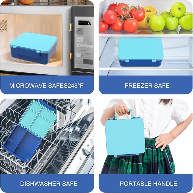 Kids Bento Lunch Box with 8oz Soup Thermo, Water Bottle, Kids Leakproof Lunch Food Containers with 4 Compartment, Insulated Hot Food Jar with Lunch Bag for School, Trvael (Blue)-BubblyBeeBaby