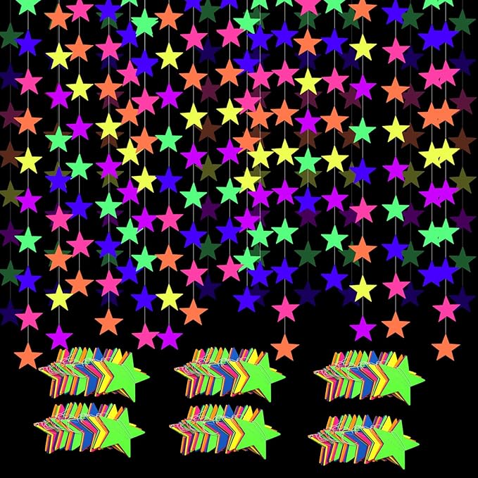 108feet UV Neon Paper Star Garland Glow in The Dark Streamers for neon Party Supplies UV Fluorescent Reactive Paper Star Banner for Wedding Birthday Glow in The Dark Party Favors Neon Party Decor…-BubblyBeeBaby