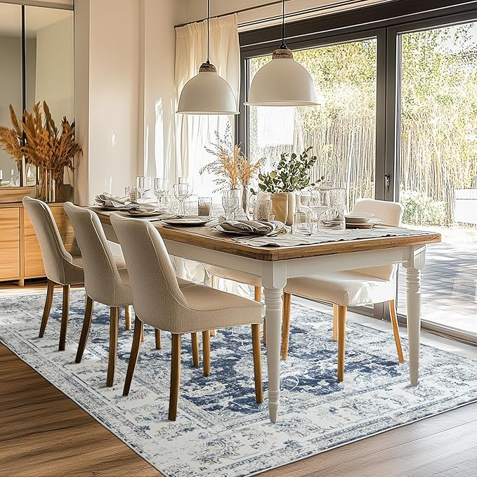 jinchan Vintage Floral 5x7 Area Rugs for Bedroom - Machine Washable Distressed Design Stain Resistant Boho Carpet Ultra-Thin Low Pile Non-Slip Rug for Living Room Dining Room Kitchen (5‘x7',Dark Blue)-BubblyBeeBaby