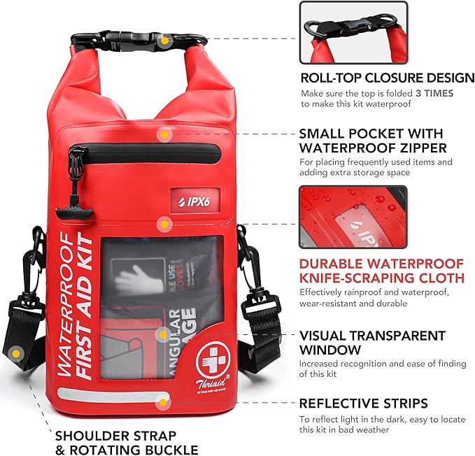250 PCS Waterproof First Aid Kit, Roll Top Reflective Boat Dry Bag Bug Out Bags, Emergency Medical Kit Ideal for Boating, Camping, Fishing, Kayaking, Floating, Red-BubblyBeeBaby