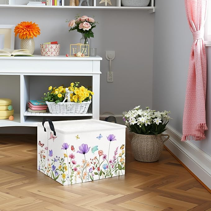 HIYAGON Rectangular Baby Girl Basket Kids Baby Storage Basket Toy Storage Bin Organizer Box Room Decor(Purple Flower)-BubblyBeeBaby