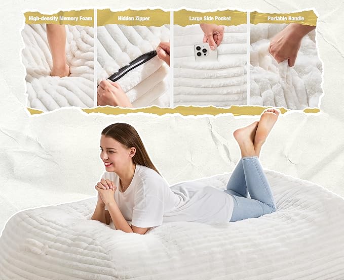 Hobestluk 5FT Bean Bag Chairs Adult Bean Bag with Portable Handle Comfy Large Bean Bag Lounge Chair with Removable Cover for Living Room Bedroom (Stripe White, 5FT)-BubblyBeeBaby