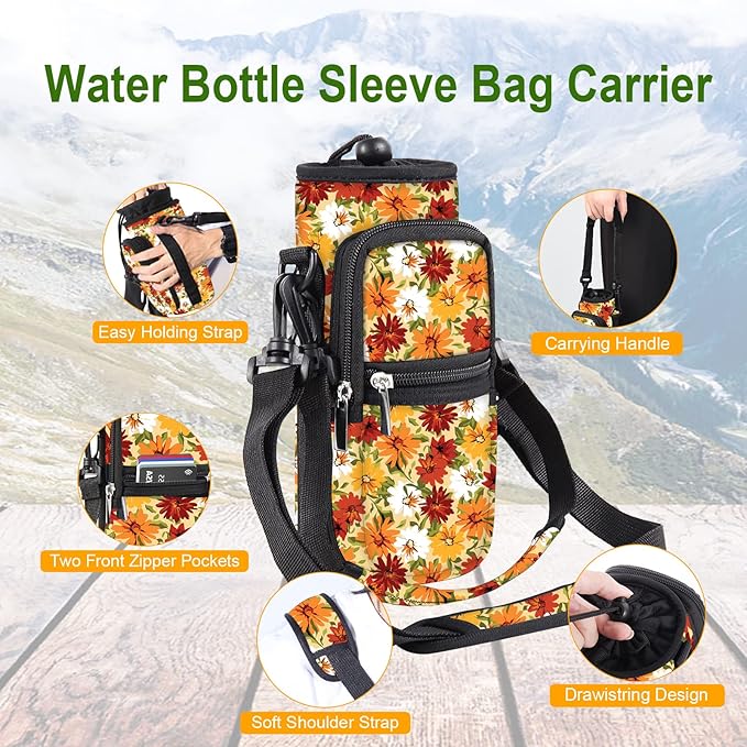 25/32/40/64oz Water Bottle Bag Holder Carrier-Insulated Crossbody Sling Case Sleeve with Strap & Pockets for Men Women Gym Cycling Travel Walking Hiking Camping-BubblyBeeBaby