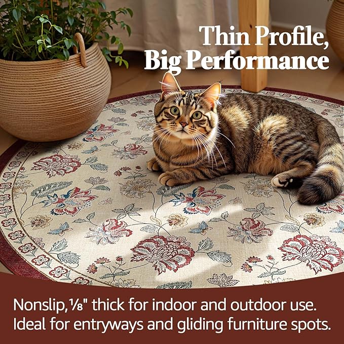 jinchan 8ft Floral Round Rug for Dining Room Washable Living Room Rug Vintage Romance Design Non Slip Indoor Floor Cover Lightweight Low-Profile Throw Carpet for Bedroom Porch Patio, Red/Beige-BubblyBeeBaby