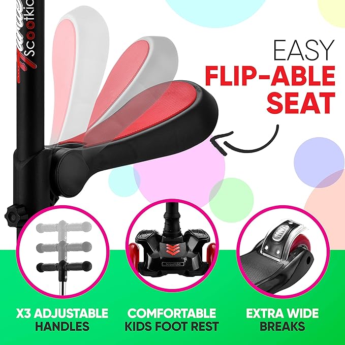 Hurtle 3-Wheeled Scooter for Kids - Wheel LED Lights, Adjustable Lean-to-Steer Handlebar, and Foldable Seat - Sit or Stand Ride with Brake for Boys and Girls Ages 1-14 Years Old-BubblyBeeBaby