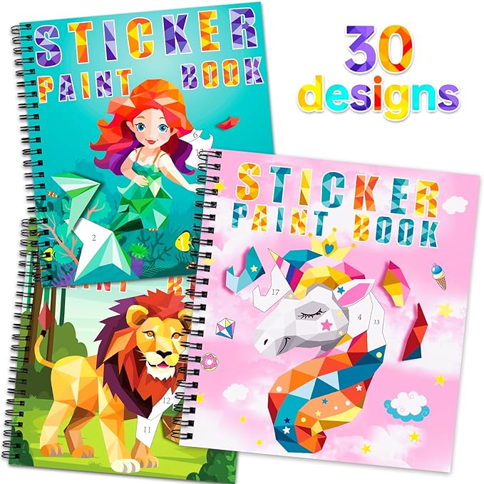 homicozy 3PCS Sticker Paint Books for Kids Ages 4-10,Unicorn Mermaid Animals Designs Paint by Stickers,Sticker by Numbers,Party Birthday Gifts for Girls 4-10,Create 30 Pictures One Stickers at A Time-BubblyBeeBaby