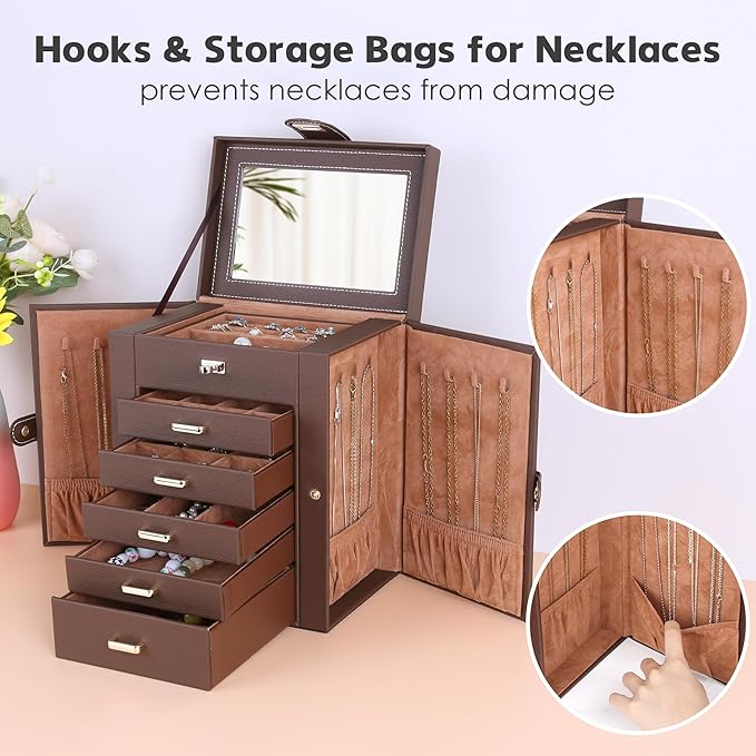 Kendal Jewelry Box, 6-Layer Jewelry Storage Organizer for Necklace Bracelet Rings Watch, 10.2"x8.2"x6" Classic Brown PU Leather 5 Drawers Large Storage Capacity with Mirror-BubblyBeeBaby