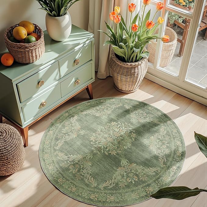 jinchan Round Rug 4ft Area Rugs Vintage Floral Distressed Design,Machine Washable Soft Non-Slip Low-Pile Ultra-Thin Circle Rug for Entryway Bedside Living Room Kitchen Nursery (4' Round,Dark Green)-BubblyBeeBaby