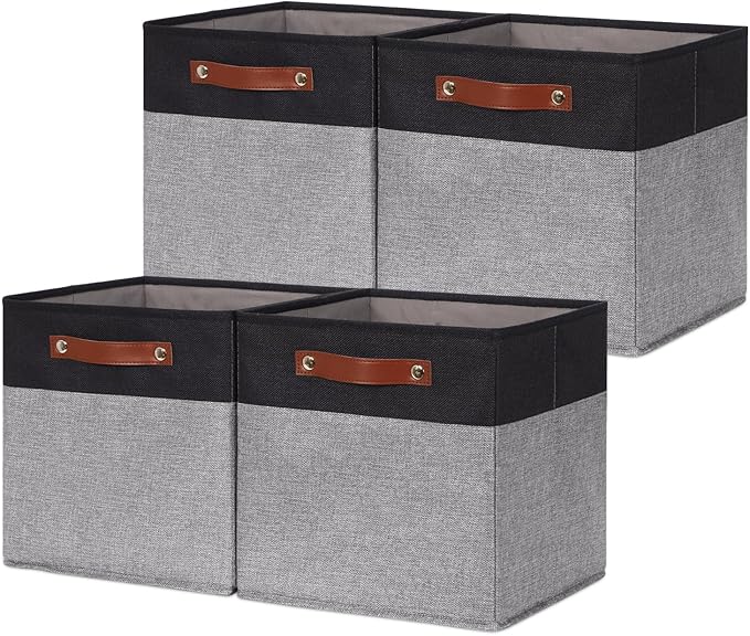 HNZIGE Cube Storage Baskets,Fabric Storage Cubes 12 x 12, Set of 4,Decorative Storage Baskets for Organizing with Handles,Closet Bins for Shelf Organizer Home Toy Nursery Closet(Black Gray)-BubblyBeeBaby