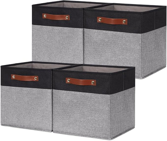 HNZIGE Cube Storage Baskets,Fabric Storage Cubes 12 x 12, Set of 4,Decorative Storage Baskets for Organizing with Handles,Closet Bins for Shelf Organizer Home Toy Nursery Closet(Black Gray)-BubblyBeeBaby