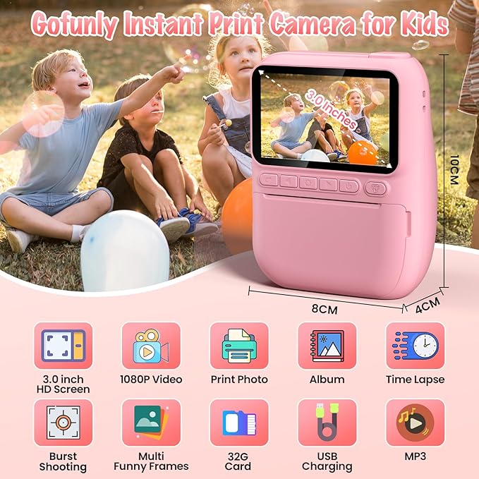 Instant Print Camera for Kids, 3.0" HD 32MP Kids Camera 1080P with 3 Rolls of Printer Paper, Birthday Gifts Toy for 3-12 Year Old Girls Boys with 32GB SD Card-Pink-BubblyBeeBaby