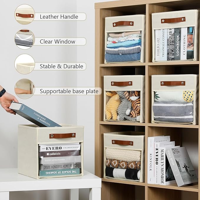 HNZIGE 11 x 11 Storage Cubes Bins for Storage Organizer,Shelf Fabric Storage Bin for Cube Organizer, Canvas Cloth Bin,Cubby Decorative Cube Organizer Bin for Cube Storage Blanket Home(Cream 6 PCS)-BubblyBeeBaby