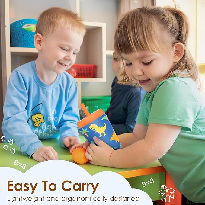 Kid Insulated Stainless Steel Tumbler with Silicone Straw, 12oz Sippy Cup for Kids (Dinosaurs)-BubblyBeeBaby