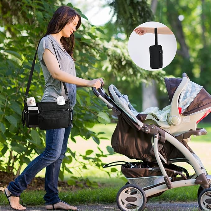 Momcozy Universal Stroller Organizer with Insulated Cup Holder Detachable Phone Bag & Shoulder Strap, Fits for Stroller like Uppababy, Baby Jogger, Britax, BOB, Umbrella and Pet Stroller-BubblyBeeBaby