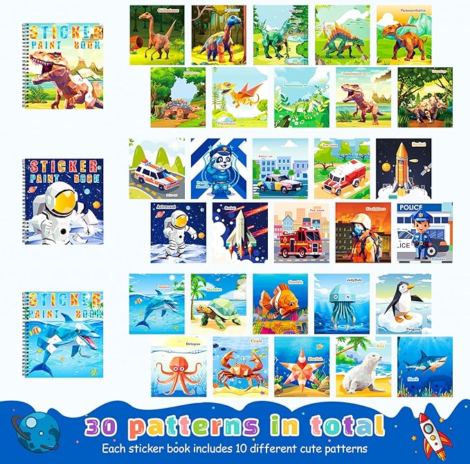 homicozy 4PCS Sticker Paint Books for Kids Ages 4-10,Dinosaur Astronaut Ocean Animals Designs Paint by Stickers,Sticker by Numbers,Party Birthday Gifts for Boys 4-10,Create 40 Pictures at a Time-BubblyBeeBaby