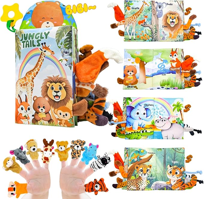 Baby Toys 0-6 Month, Crinkle Books for Babies, Jungle Tails Soft Baby Cloth Books 6 to 12 Months with 10 Pcs Jungle Animal Finger Puppets, Infant Tummy Time Sensory Toys, Newborn Gifts for Boys Girls-BubblyBeeBaby