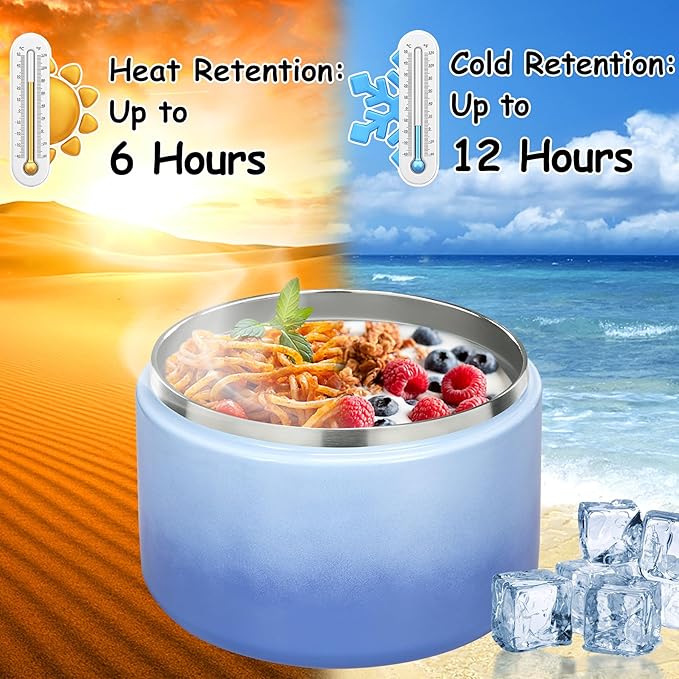 12oz Insulated Vacuum Food Jar with Buckle Lid Wide Mouth Soup Thermo for Hot Food Kids Leakproof Stainless Steel Lunch Container (Gradient Blue, 12OZ)-BubblyBeeBaby