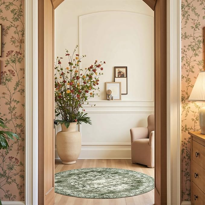jinchan Round Rug 5ft Area Rug - Green Vintage Floor Mat Kitchen Indoor - Washable Circle 5' Thin Floral Print Carpet Retro Farmhouse Non Slip Dining Room Living Room Bedroom Office-BubblyBeeBaby