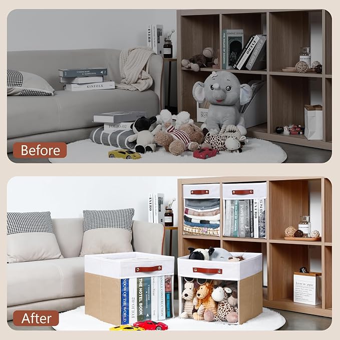 HNZIGE Fabirc Storage Cube Bins 13x13x15 Storage Cube Bins, 4 Pack Foldable Decorative Clear Cube Storage Bins for Cube Organizer Canvas Cubby Storage Organizer Bins for Shelves Pantry- White Beige-BubblyBeeBaby