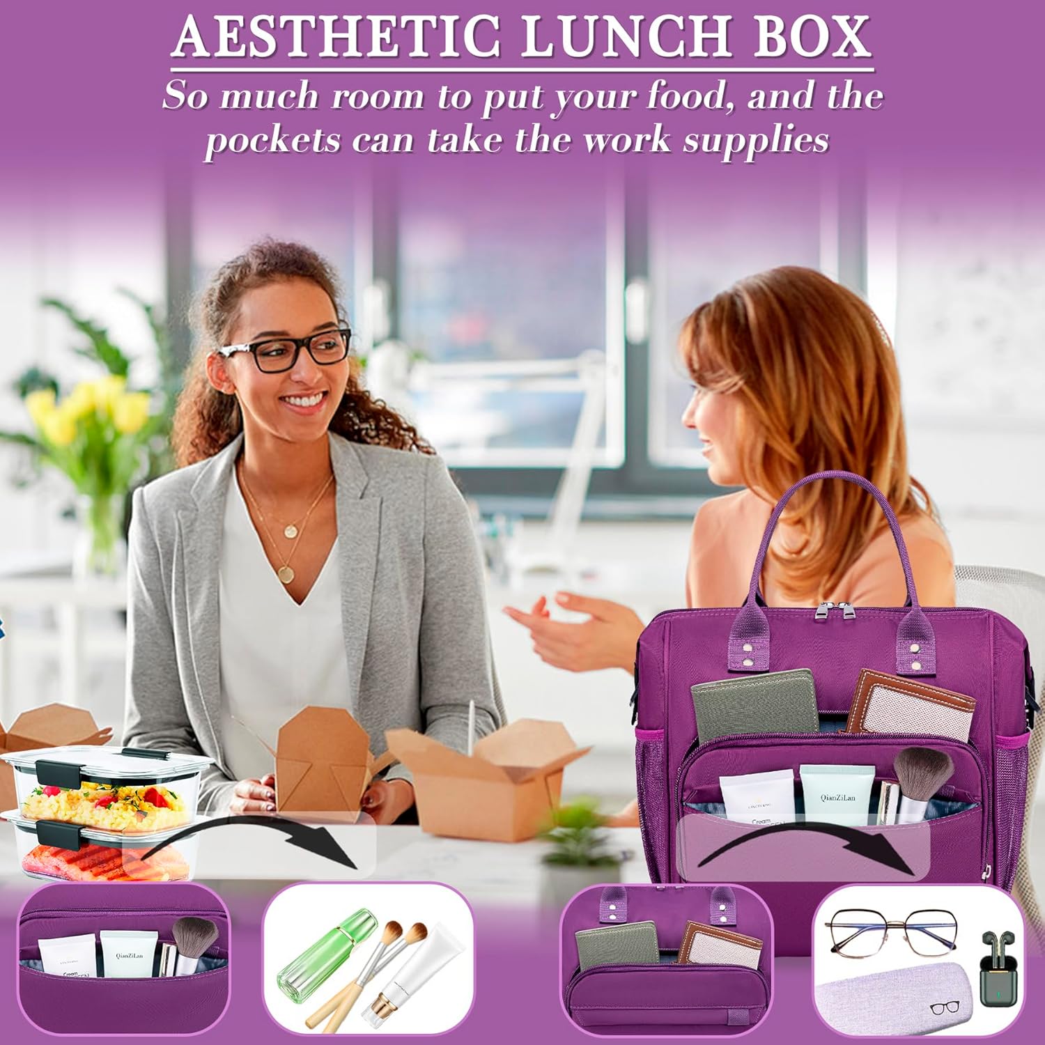 Purple Lunch Box for Women Insulated Lunch Bag Fits Bento Boxes, Snack and Foods, Ladies Lunch Tote Bag for Mother Mom Sister Friend Wife Her