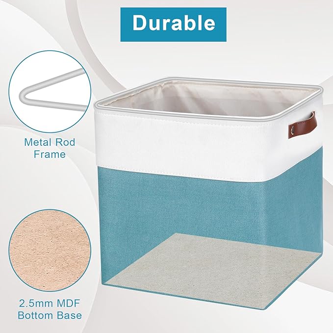 13x13 Cube Storage Bins, Collapsible Fabric Storage Box, 4 Pack Closet Baskets with Handles for Organizing, Shelf, Toys, Clothes, Home, Office, Nursery (Teal&White)-BubblyBeeBaby