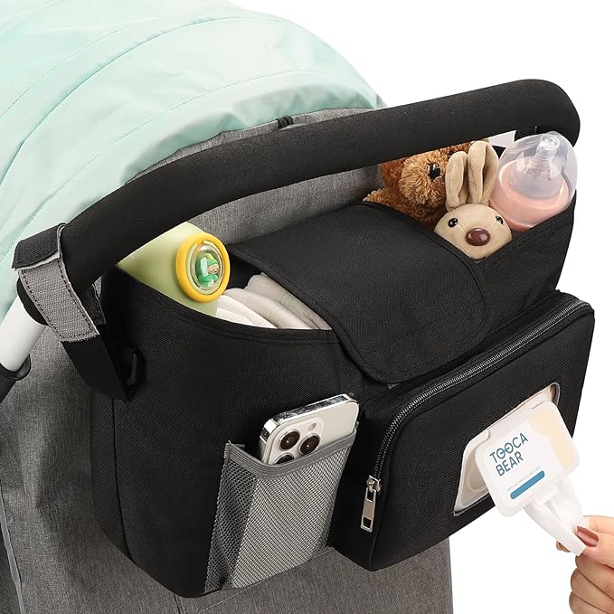 Accmor Universal Stroller Organizer with Insulated Cup Holder, Stroller Caddy Bag Accessories, Stroller Cup Holder Organizer for Uppababy Baby Jogger Britax Stroller, Black-BubblyBeeBaby