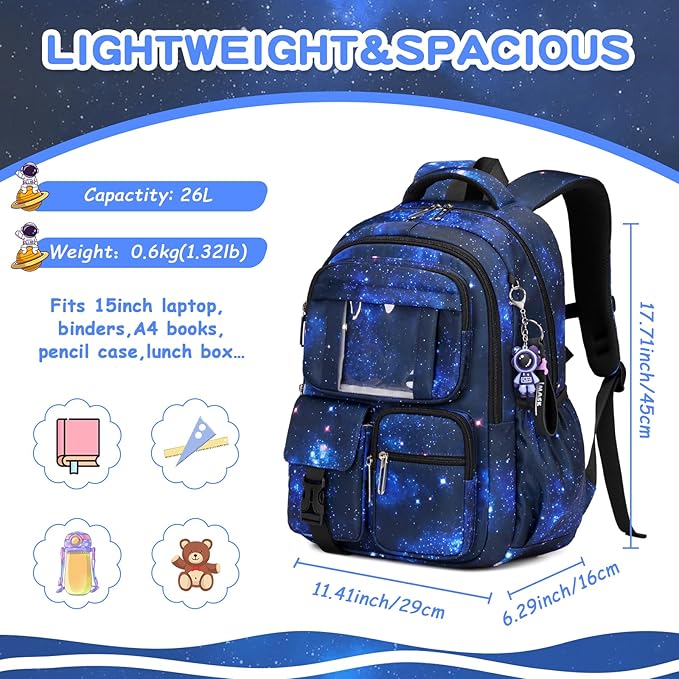 Kids Backpack for Girls Boys School Bags for Middle School Students Book Bag for Elementary Primary Kawaii Ita Backpack, Galaxy Astronaut-BubblyBeeBaby