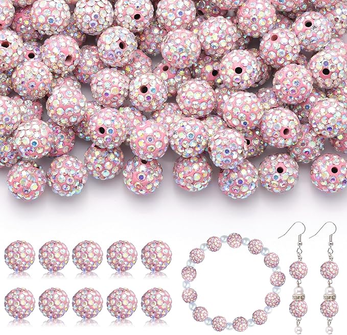 200pcs 10mm Rhinestone Beads for Jewelry Making, Pink AB Shiny Round Disco Ball Beads Bulk, Sparkle Crystal Clay Christmas for Bracelet Baseball Necklace Earring Crafting and DIY-BubblyBeeBaby