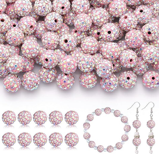200pcs 10mm Rhinestone Beads for Jewelry Making, Pink AB Shiny Round Disco Ball Beads Bulk, Sparkle Crystal Clay Christmas for Bracelet Baseball Necklace Earring Crafting and DIY-BubblyBeeBaby